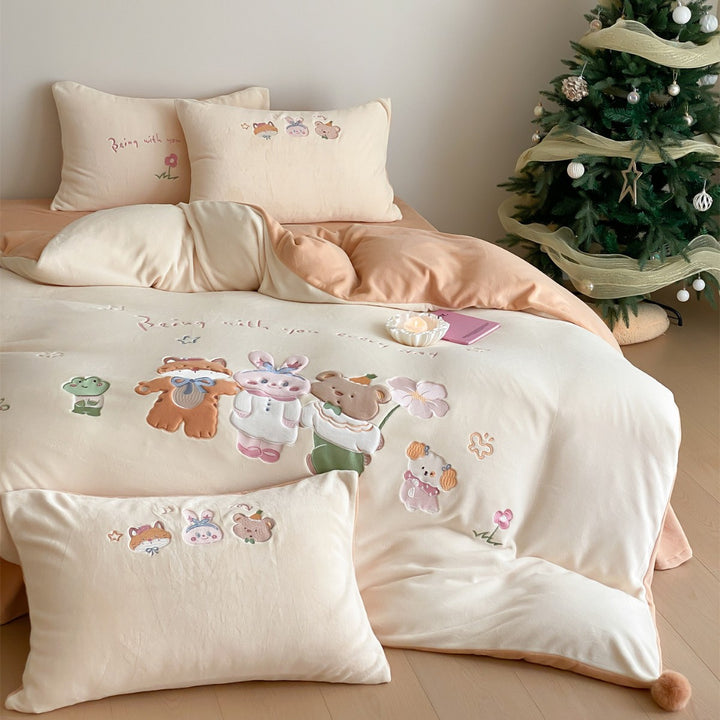 Kinder bestickte Applikations Baumwollsatin Bettbezug Set mit Cartoon Tiermotiven