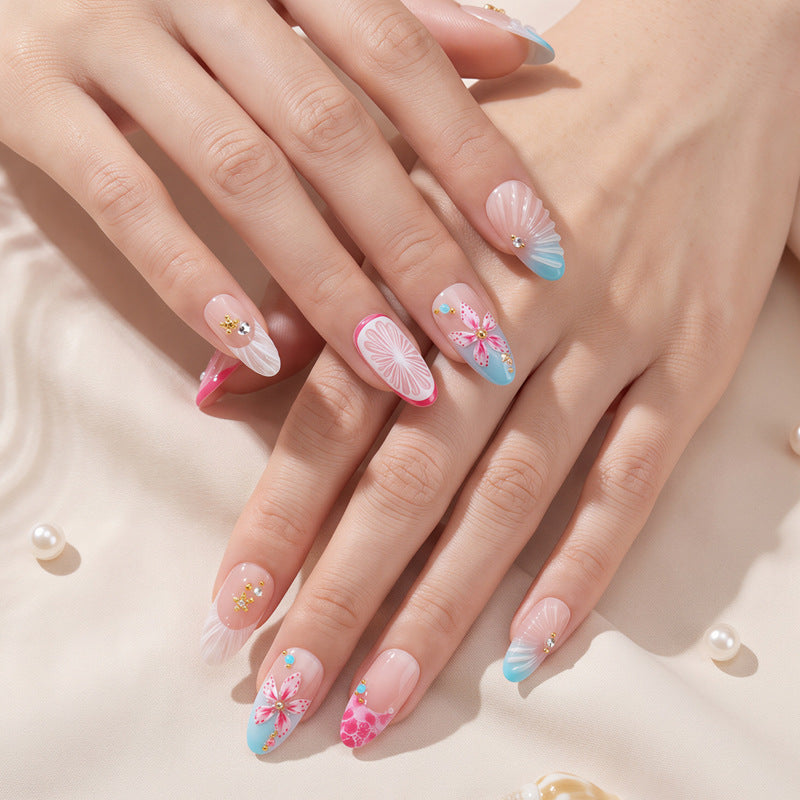 Künstlerisches Blumen Press-On Nagelset mit 3D Akzenten Karnz