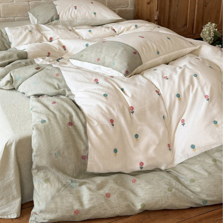 Florales Patchwork Baumwoll-Leinen Bettdeckenbezug Set mit gesticktem Zweigmotiv