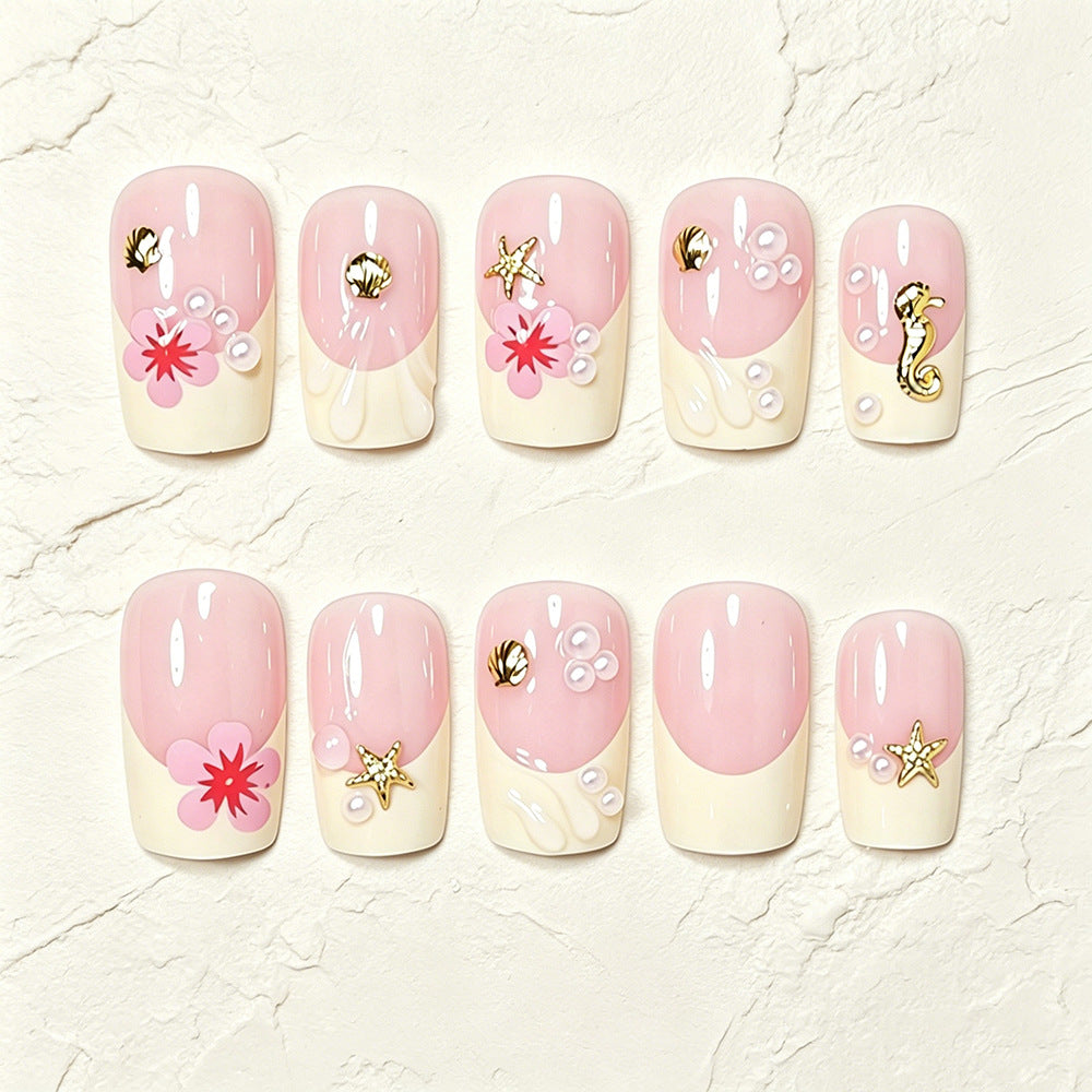 Tropische Muschel- und Blumen-Press-On-Nagelkunst Karnz
