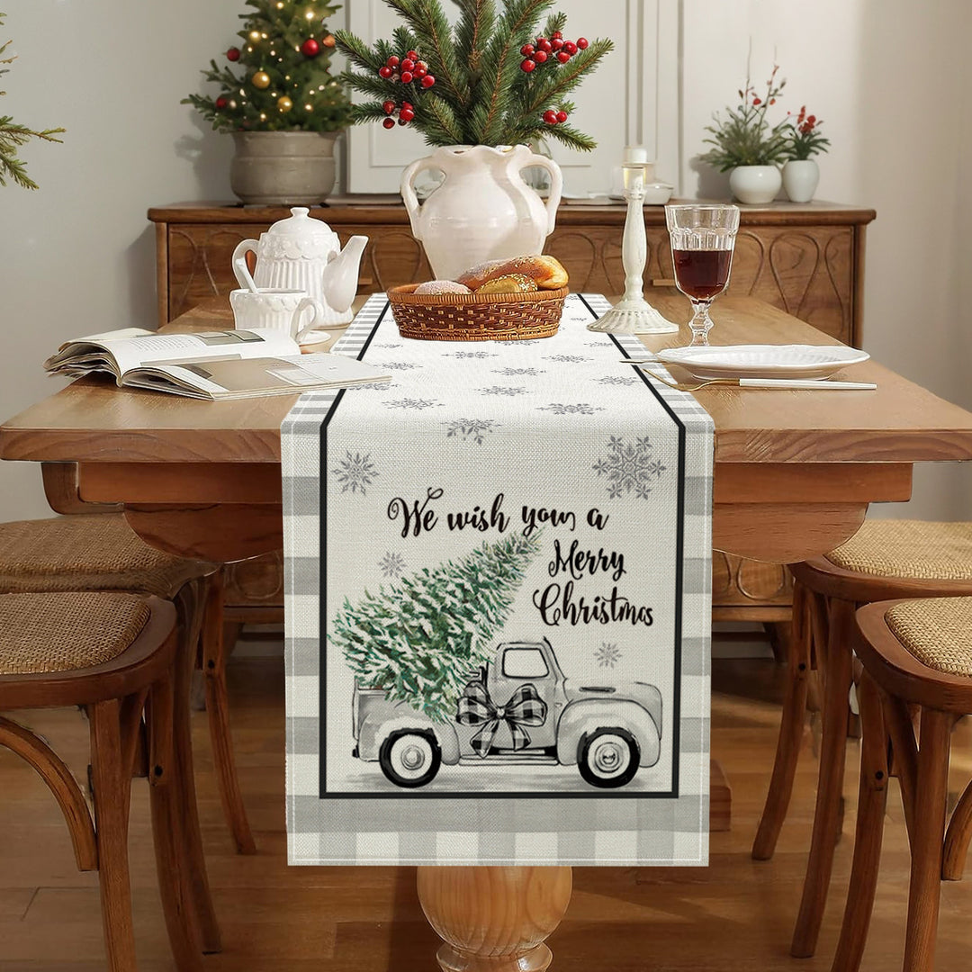 Festive Buffalo-Check Leinen-Textur Weihnachts Tischläufer mit Baum und Schaukelpferd Druck