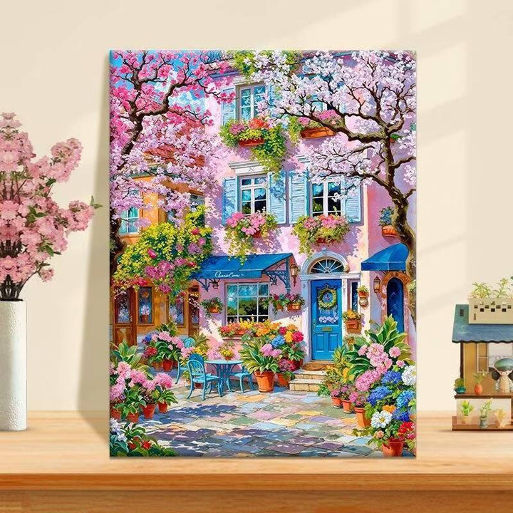 Vibrant Floral Café Landschaft Leinwand Kunst Karnz