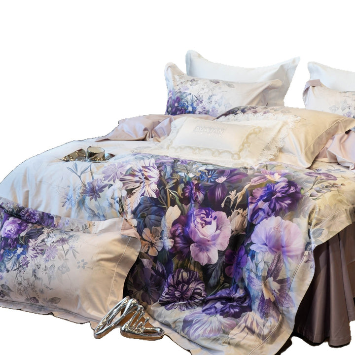 Luxuriöses Seidengefühl Satin Bettwäsche Set mit übergroßem botanischem Druck & Spitzenbesatz-Kissenbezügen