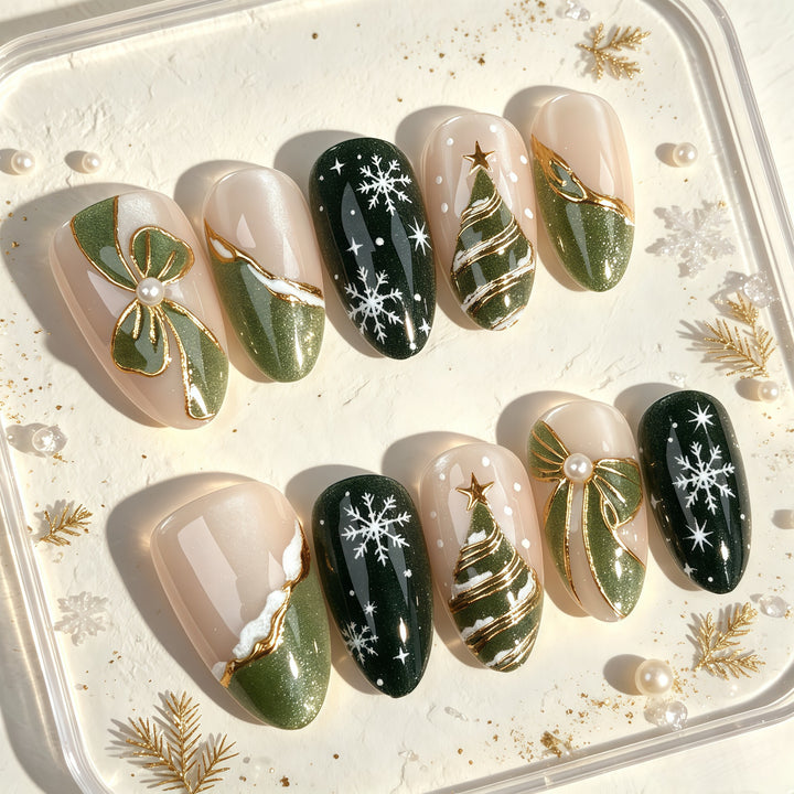 Elegantes, von Feiertagen inspiriertes Press-On Nagelkunstset