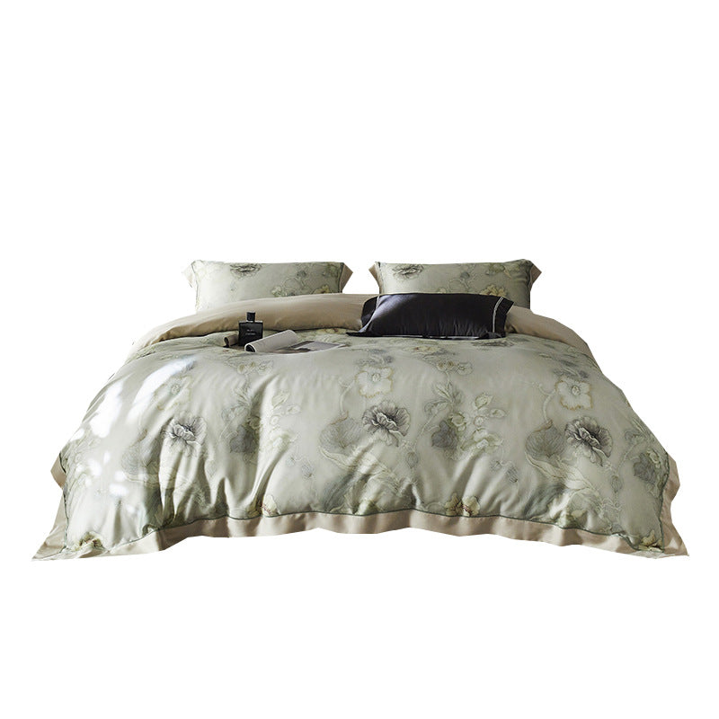Premium-Baumwollsatin-Duvetbezug-Set mit Aquarellblumenmuster und seidig-mattem Griff