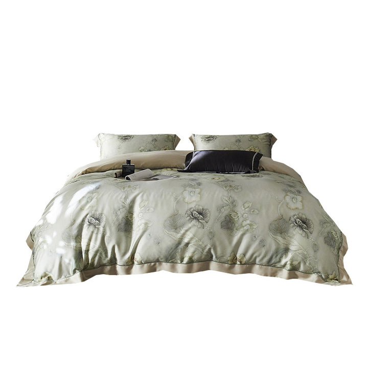 Premium-Baumwollsatin-Duvetbezug-Set mit Aquarellblumenmuster und seidig-mattem Griff
