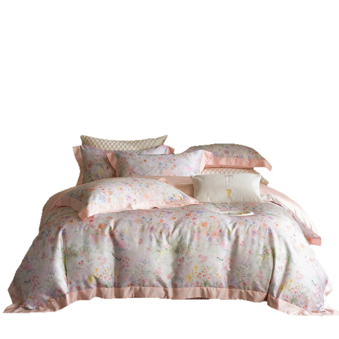 Feinsatin-Bettgarnitur mit floraler Aquarellbordüre und Satinkante