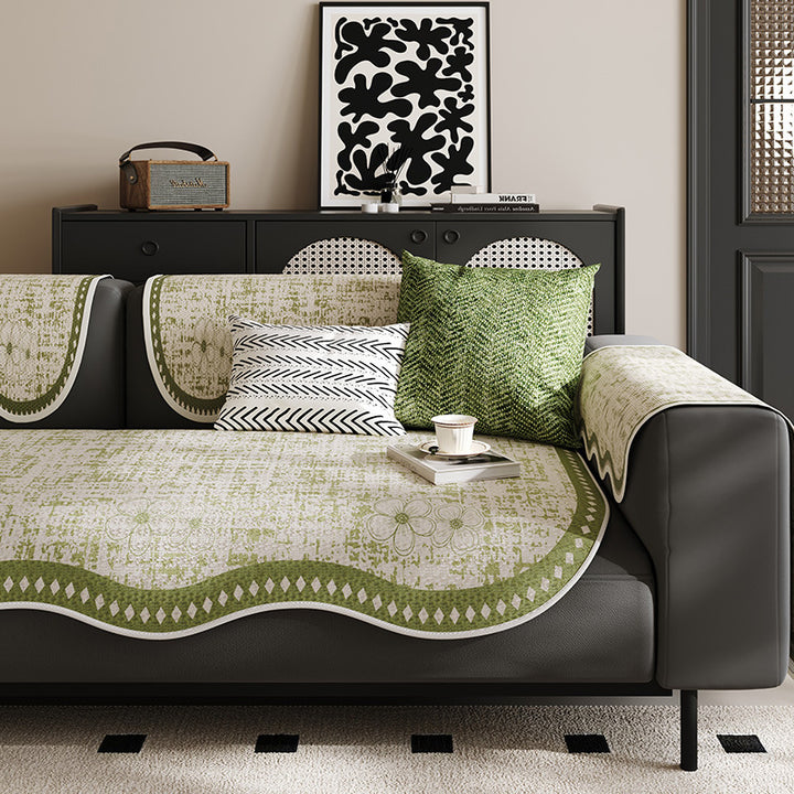 Tailored Scalloped-Edge Sofa Seat and Armrest Protector with Anti-Slip Backing