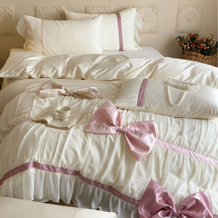 Rüschenschichten Bettbezug Set mit Satin Schleifen Akzenten