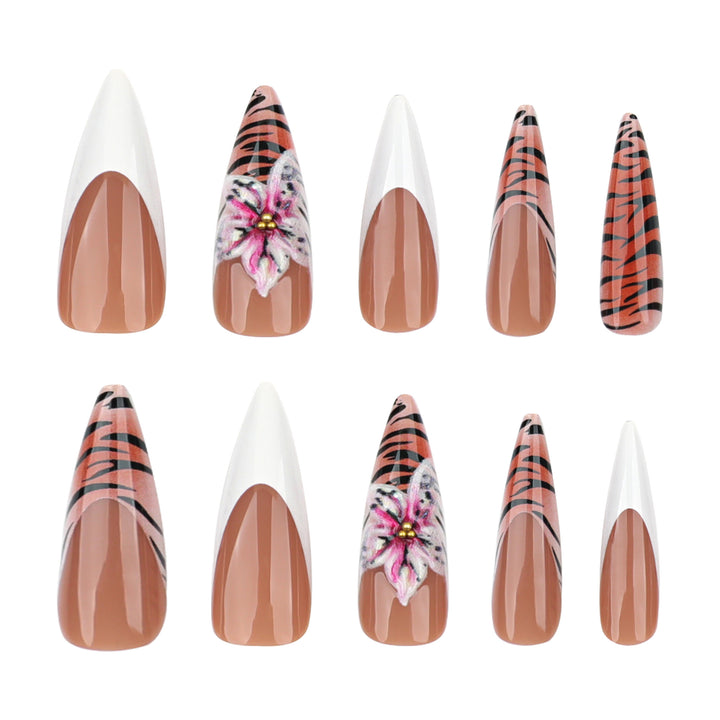 Kunstvolle Stiletto-Nägel mit floralem und tierischem Design Karnz