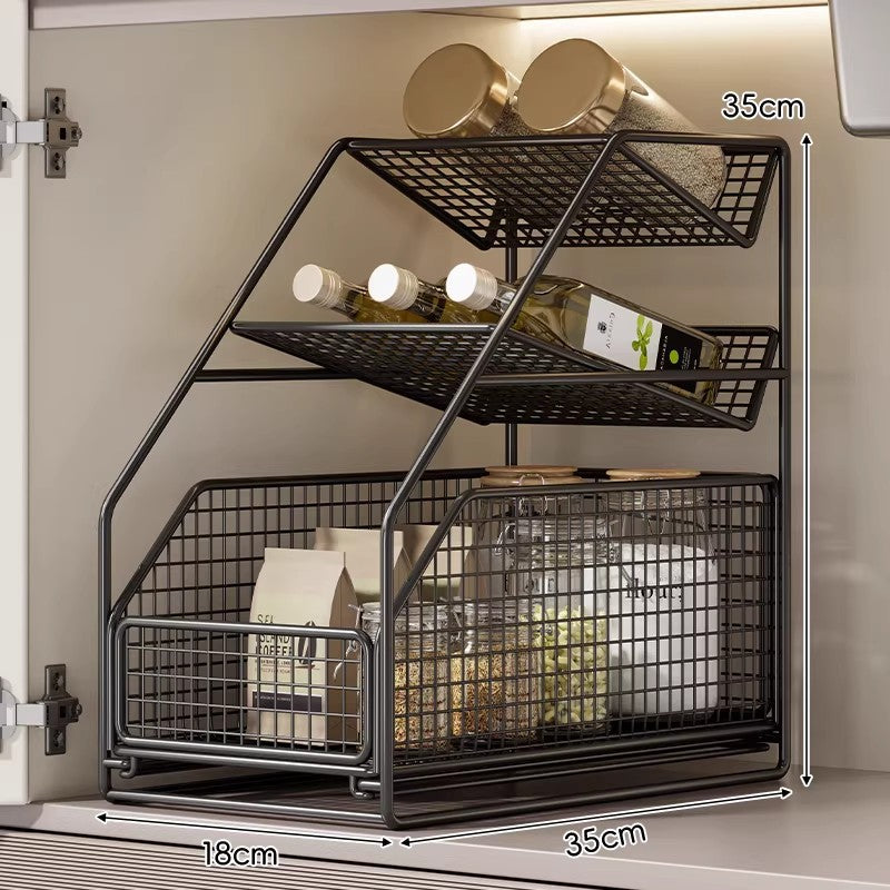 Unter-Schrank Gleitender Drei-Ebenen Mesh Korb Organizer mit Abnehmbaren Behältern