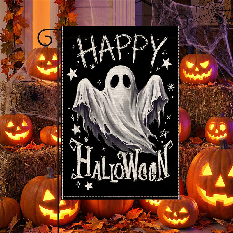 Schwerlast-Halloween-Spun-Polyester-Dekorationsgartenflagge mit verspielten Geistern und Kürbislaternen