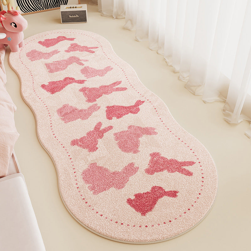 Children's Scalloped-Edge Plush Runner Rug with Pink Bunny Silhouette Pattern