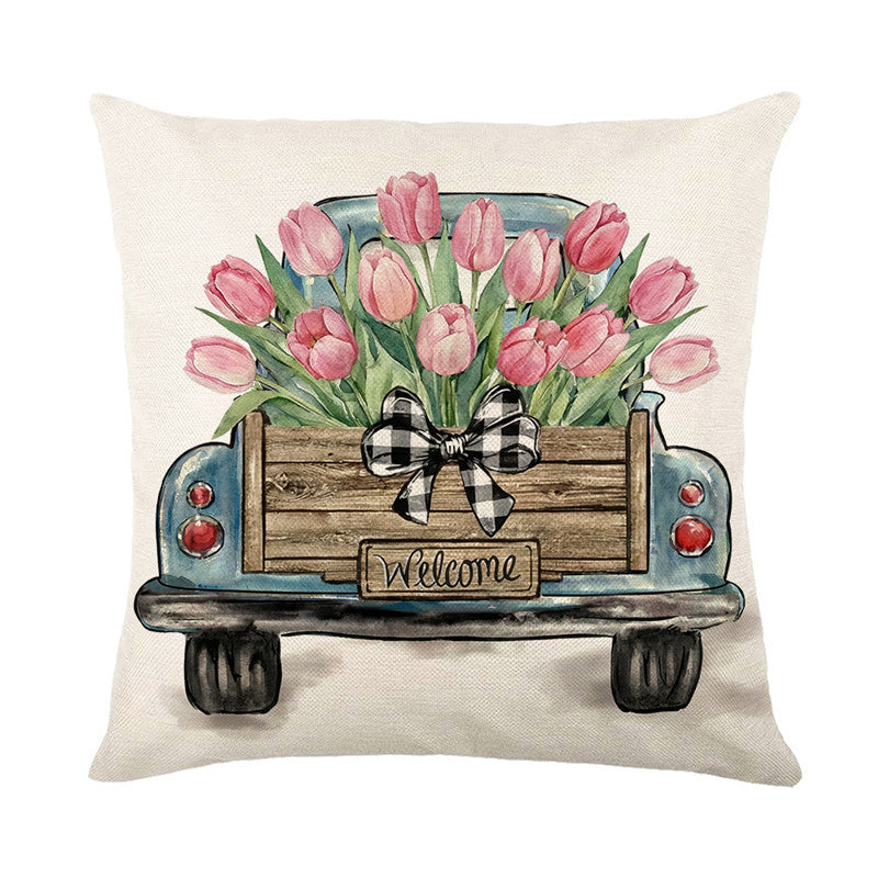Dekorative Kissenbezug mit Leinenstruktur, quadratisch, mit Aquarell-Tulpenkorb-Druck und Gingham-Schleifenakzent