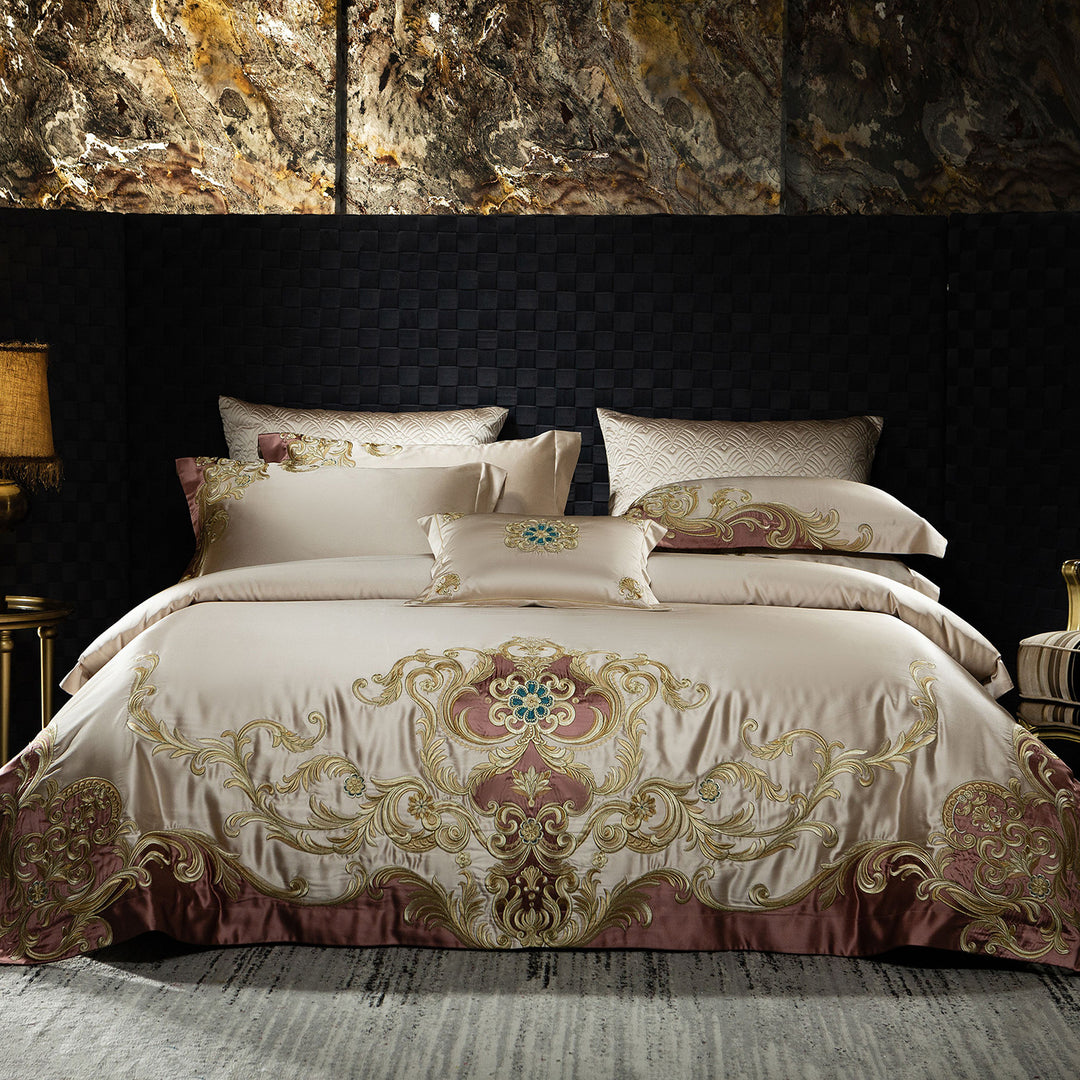 Luxuriöses besticktes Duvet-Bezug-Set aus Seidengefühl
