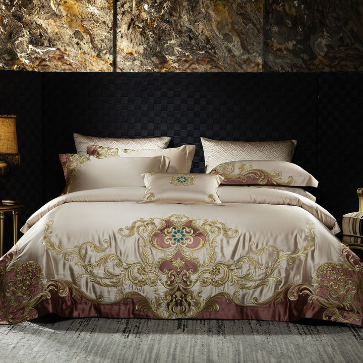 Luxuriöses besticktes Duvet-Bezug-Set aus Seidengefühl