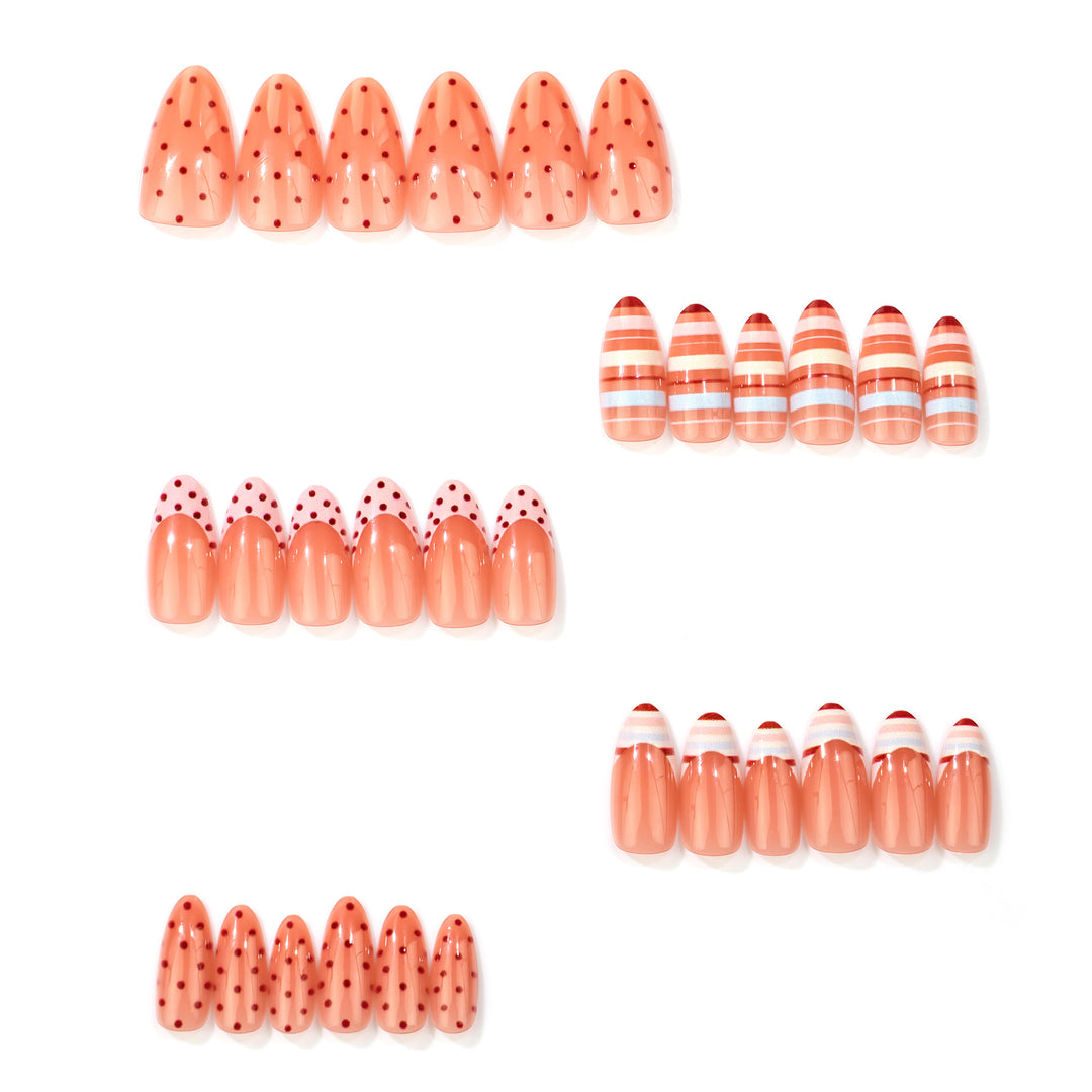 Dekoratives Druck-Nagelset mit Punkten und gestreiften Designs