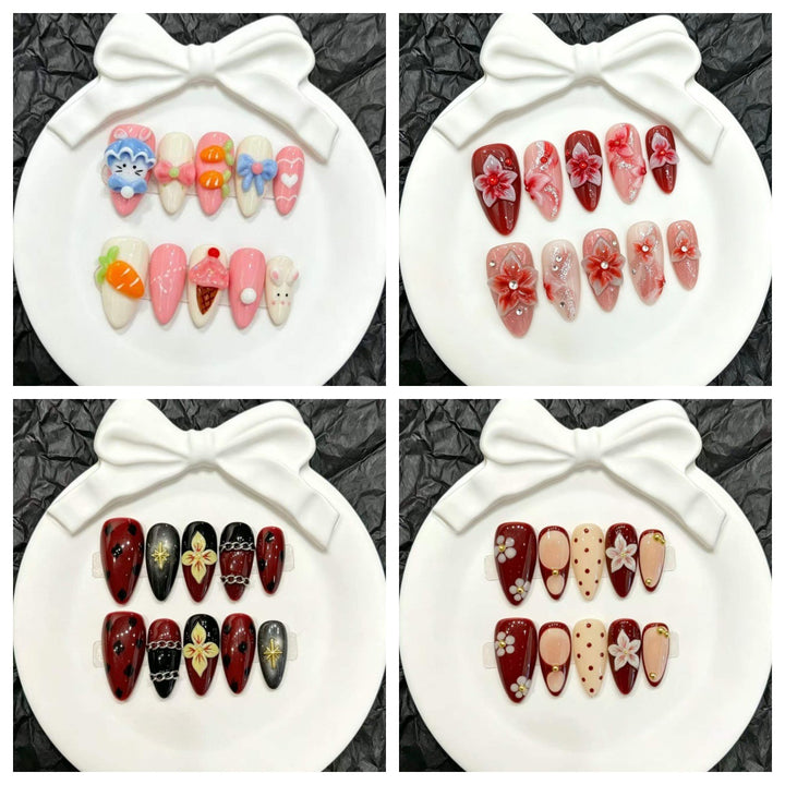 Dekoratives Press-On Nagelkunst-Set mit floralen und verspielten Designs