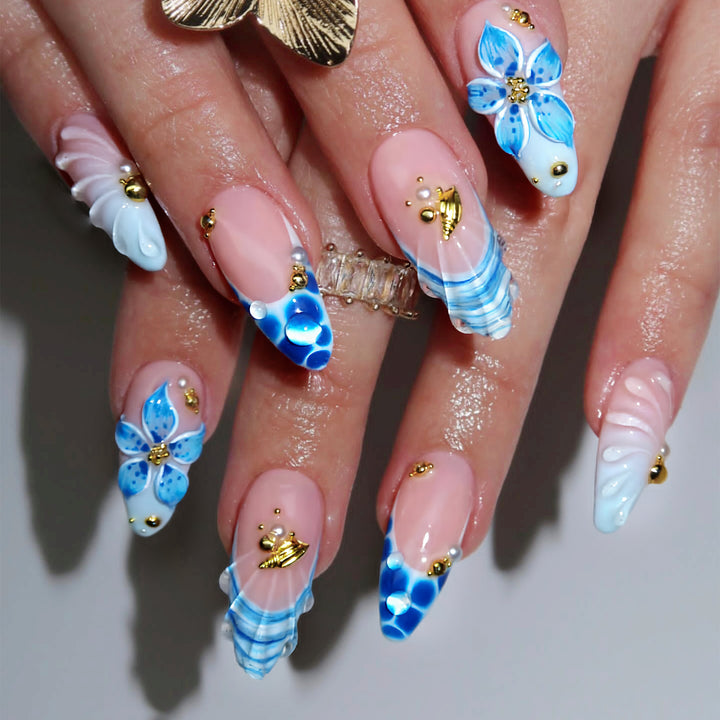Künstlerische florale und vom Ozean inspirierte Nail Art Press-On Nägel Karnz