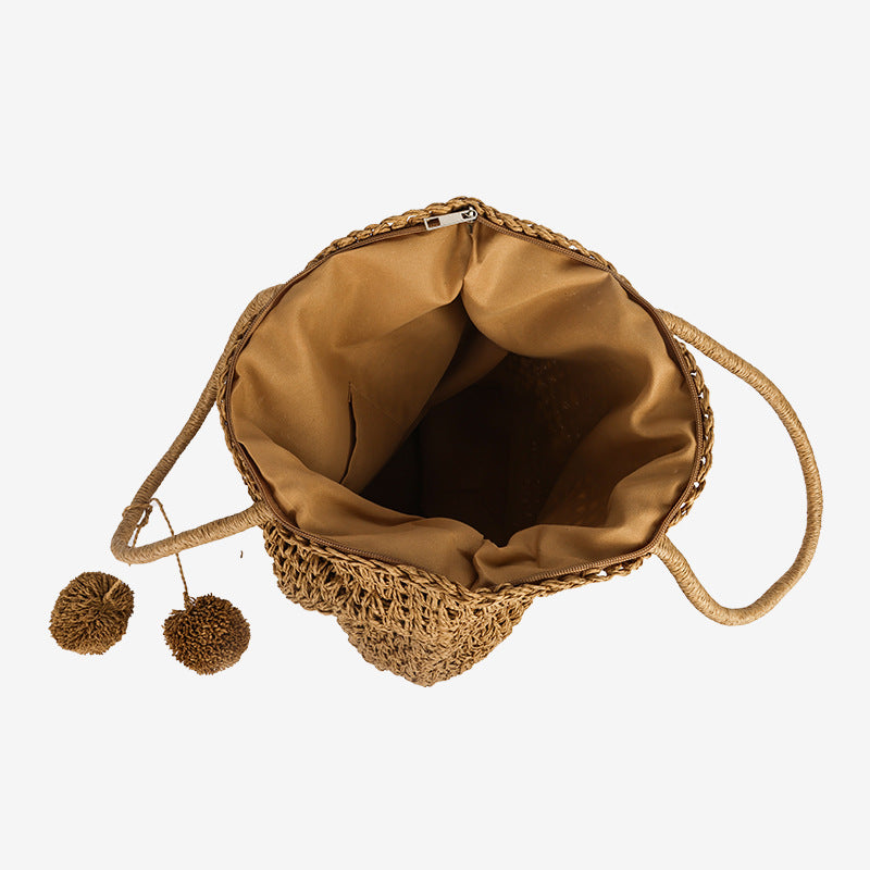 Damen Handgefertigte Basttasche mit verspieltem Pompon-Detail Karnz