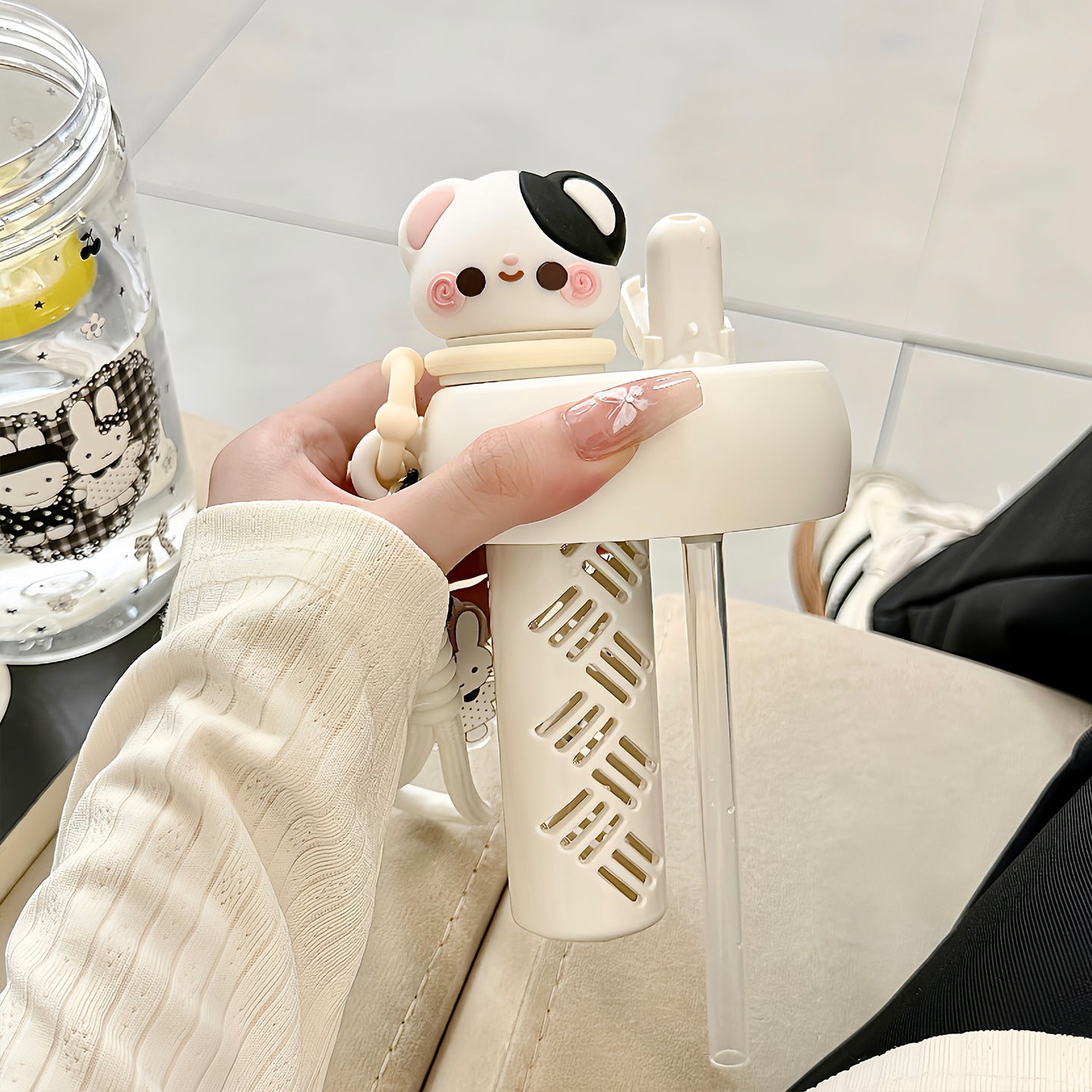 Damen Trinkflasche mit Tiermotiven und integriertem Strohhalm Karnz
