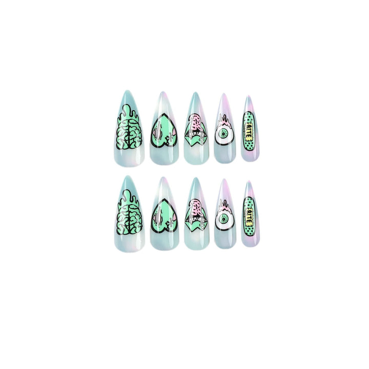 Kunstvolle Stiletto-Nägel mit kreativen Motiven und detailgetreuer Gestaltung Karnz
