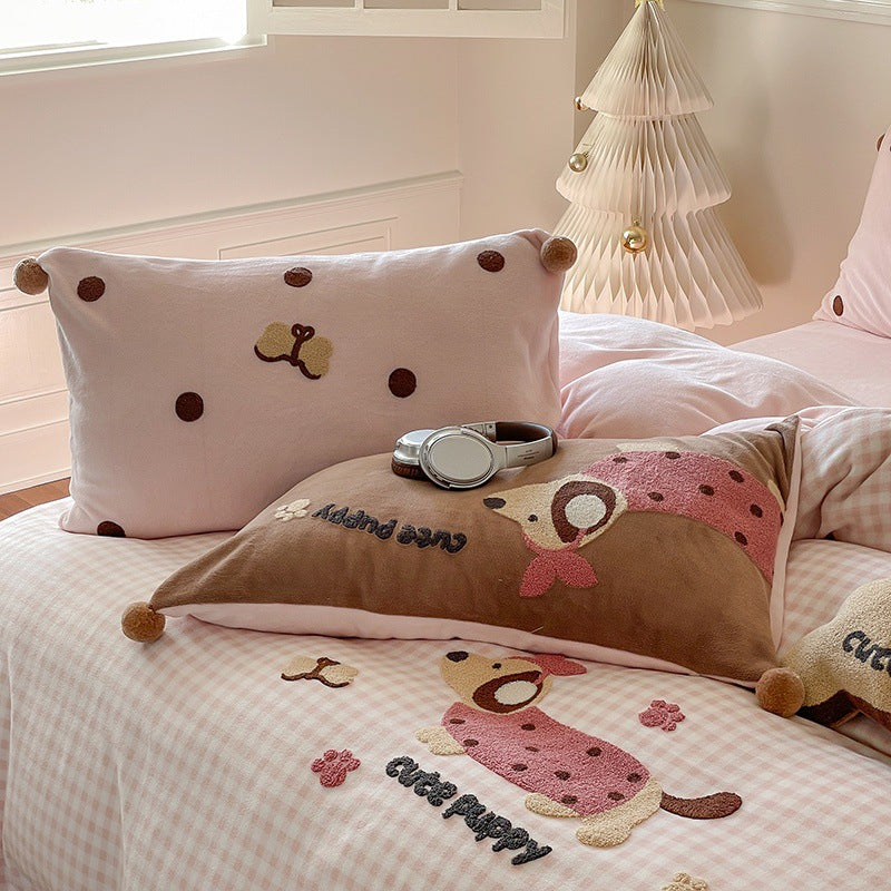 Embroidered Gingham Puppy Duvet Cover Bedding Set with Plush Accent Pillows