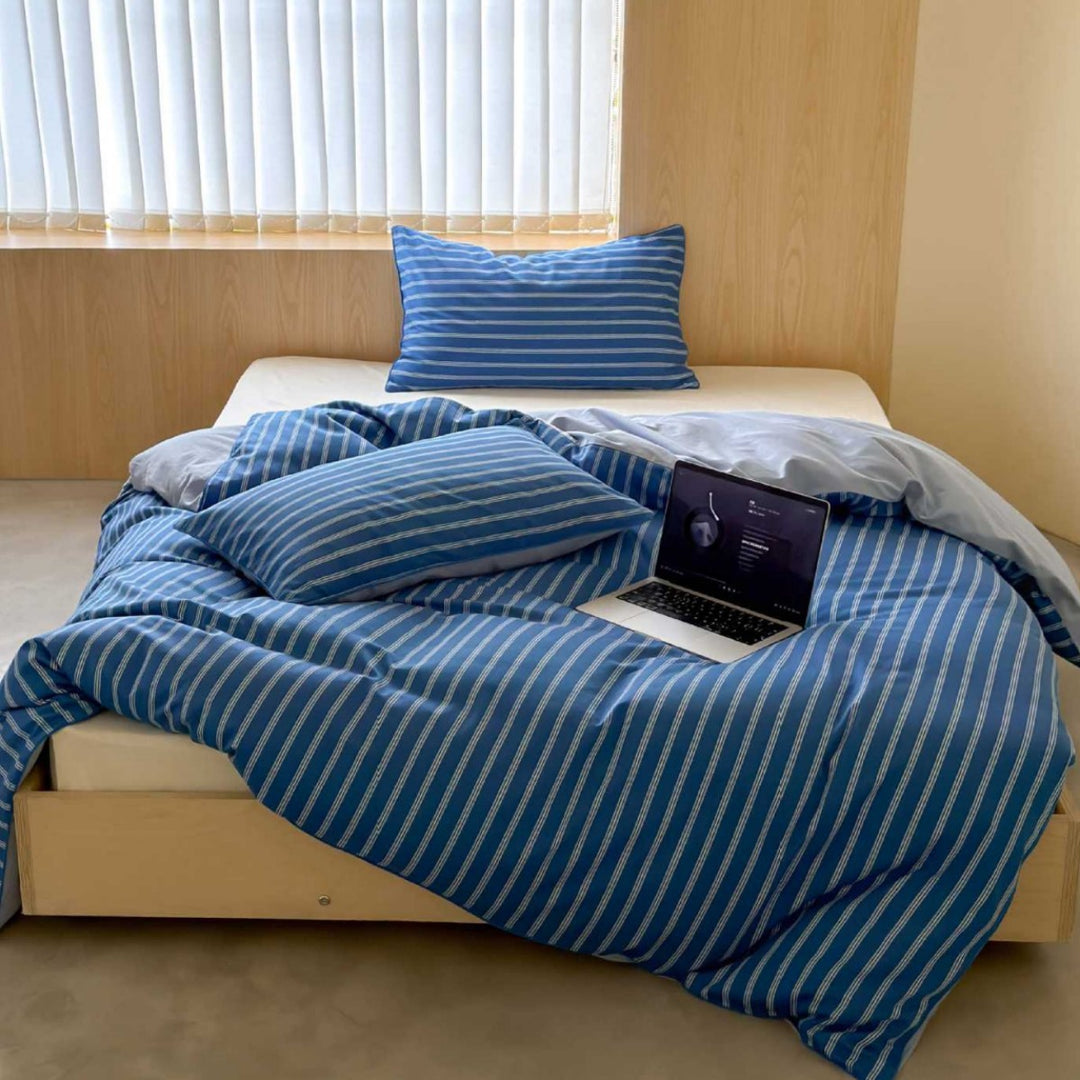 Gestreiftes Baumwoll-Percale Bettwäsche-Set mit Kissenbezügen