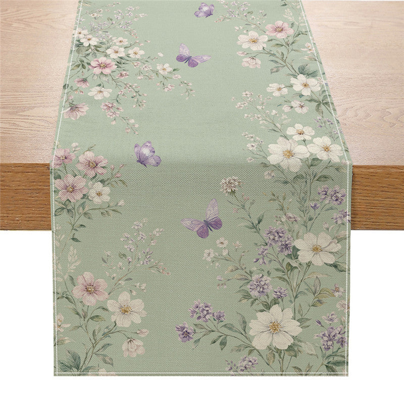 Dekorativer Leinenmischstoff-Tischläufer mit Aquarellblumen-Cascade und geometrischer Bordüre