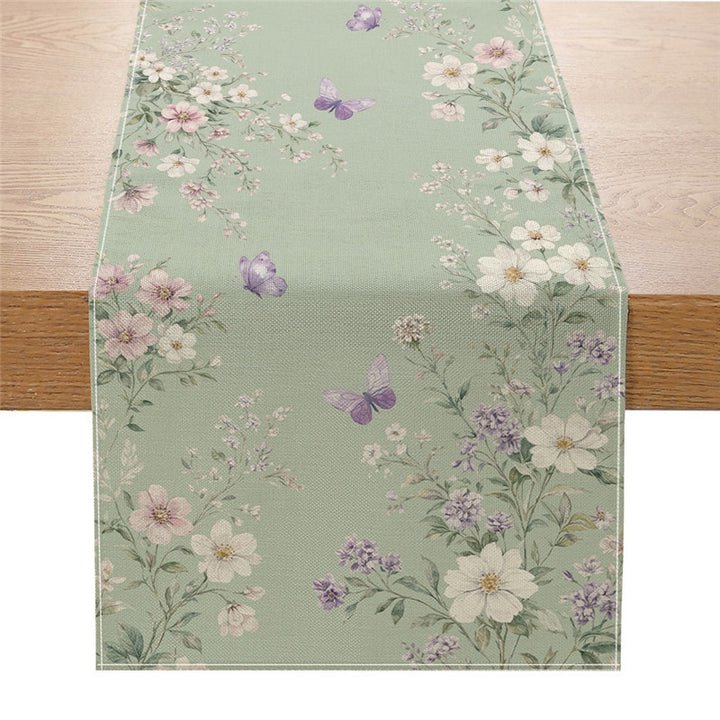 Dekorativer Leinenmischstoff-Tischläufer mit Aquarellblumen-Cascade und geometrischer Bordüre