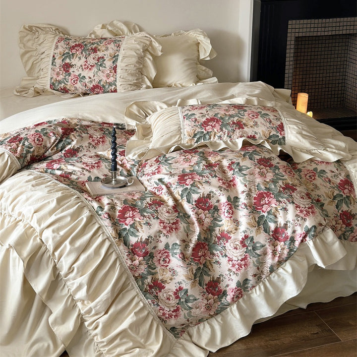 Vintage Floral Ruffled Baumwoll Bettwäsche Set