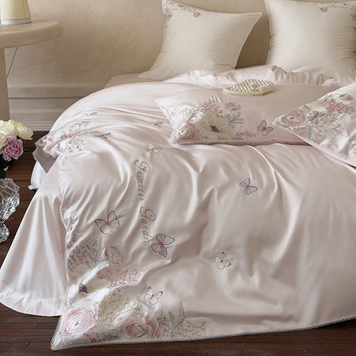 Luxuriöses Baumwollsatin-Bettwäsche-Set mit Blumenstickerei und Spitzenrand