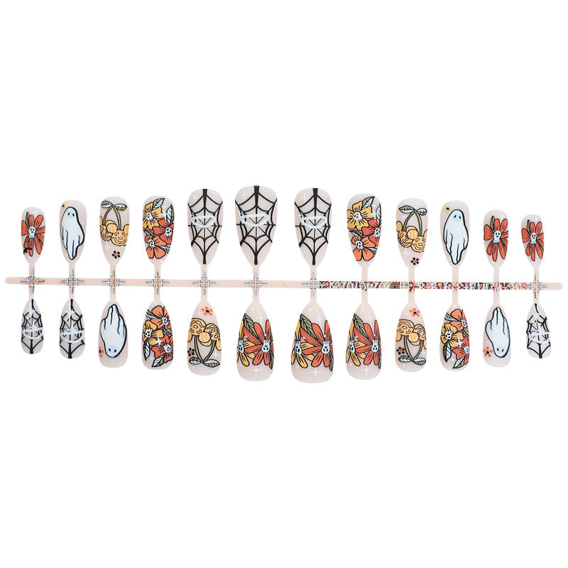 Künstlerisches Press-On-Nagelset mit saisonalen Blumen- und Geisterdesigns Karnz