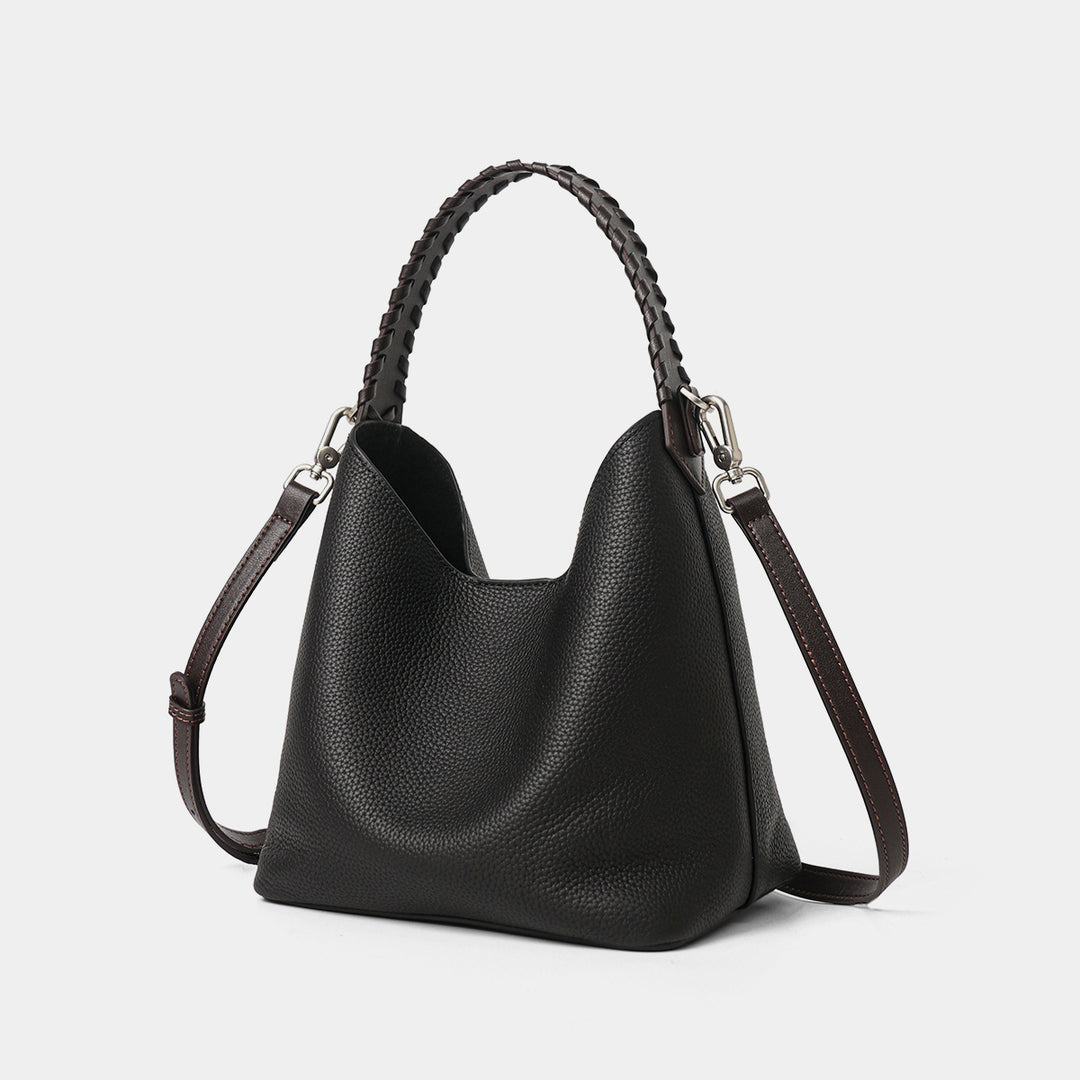 Geriffeltes Leder Bucket Hobo Bag mit geflochtenem Tragegriff und abnehmbarem Schultergurt