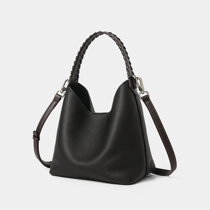 Geriffeltes Leder Bucket Hobo Bag mit geflochtenem Tragegriff und abnehmbarem Schultergurt