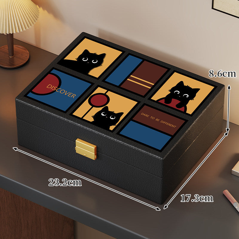 Deluxe PU-Leder Schmuckorganizer-Box mit Katzenmosaik-Deckel und sicherem Schloss