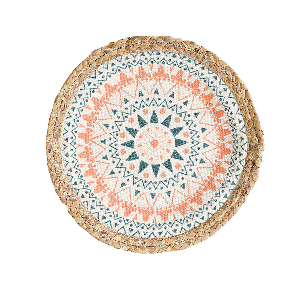 Runder Sitzpouf mit Mandala-Print, gewebter Oberfläche und geflochtenem Jute-Rand