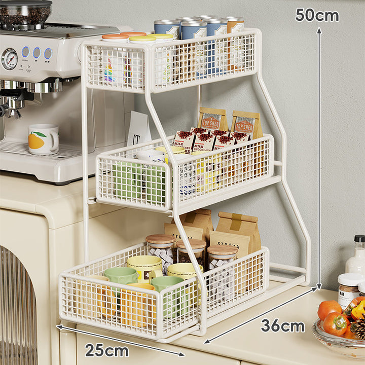 Dreiböckiger, schräger Metall-Mesh-Thekenregal-Organizer mit stapelbaren Drahtkörben