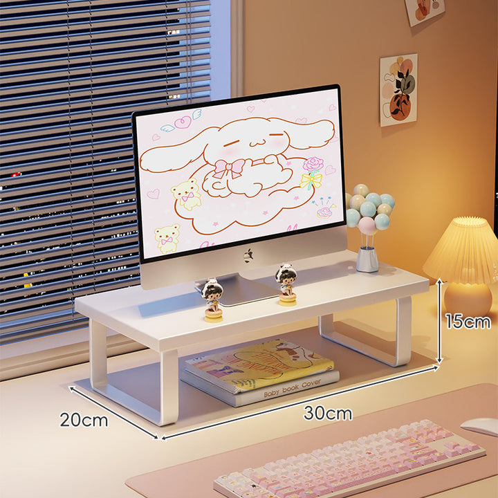 Kompakte Holz-Desktop-Monitorerhöhung mit Metallbeinen und unterer Ablagefläche