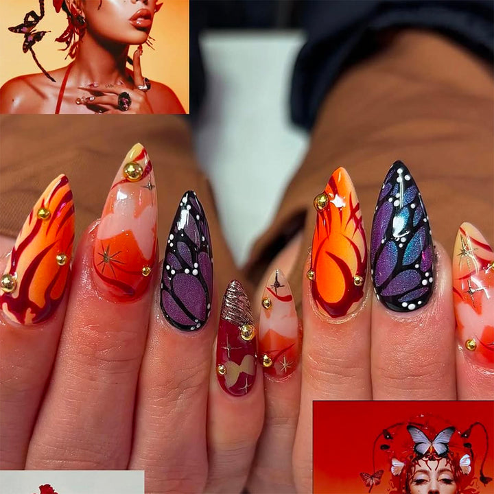 Kunstfingernägel mit Kreativem Schmetterlingsdesign und Glamourösen Akzenten Karnz