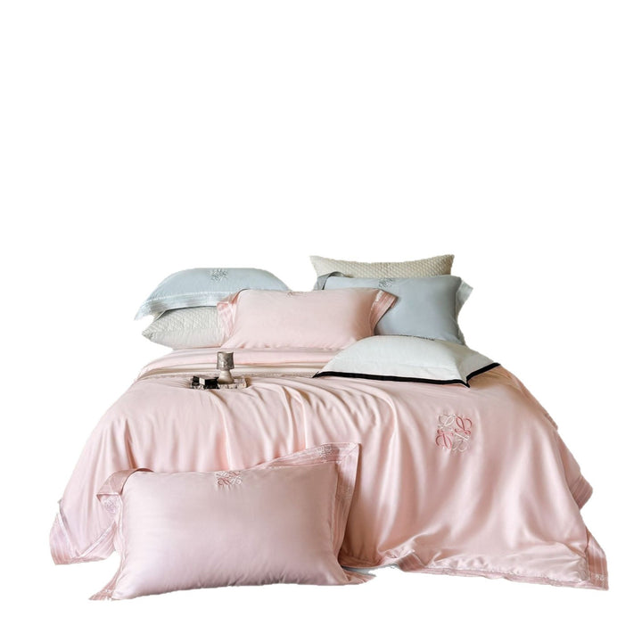 Silk-Feel Embroidered Satin Duvet Cover Set with Monogram Pillow Shams