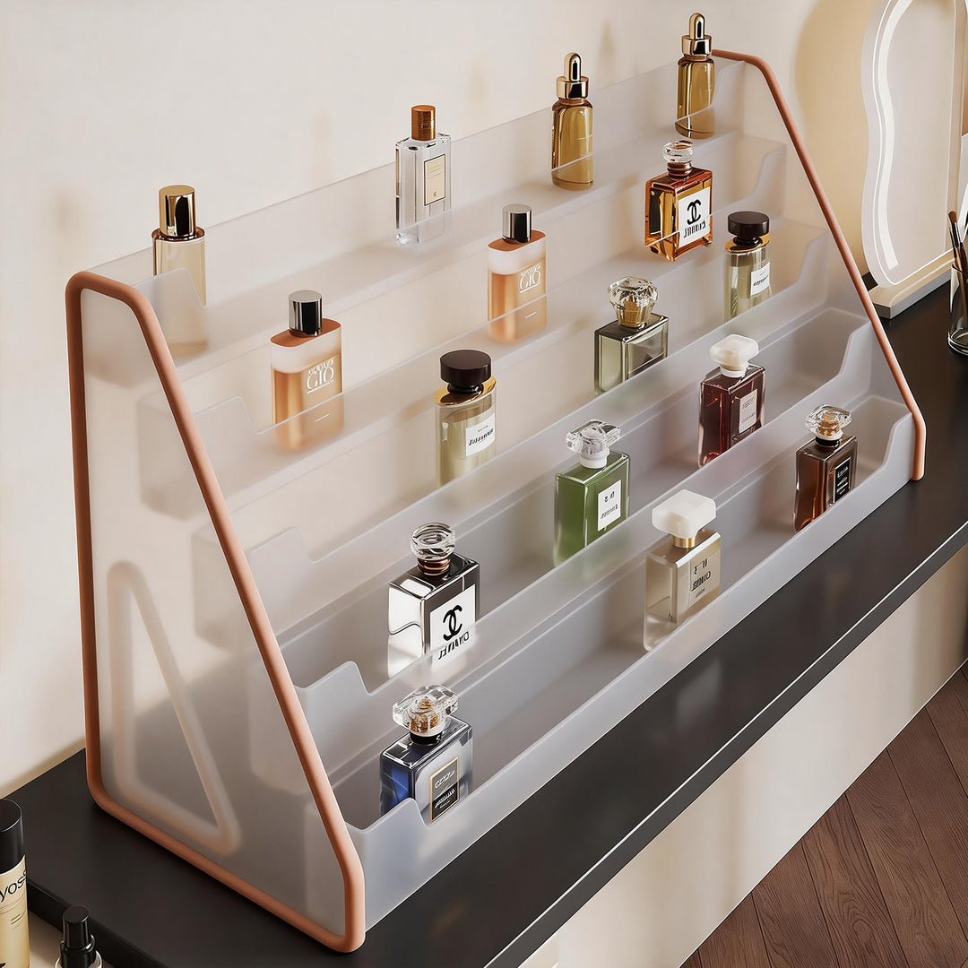 Klarer schräger Acryl-Duftflaschen-Showcase mit abgestuften Regalen