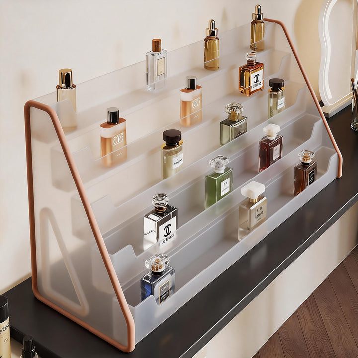 Klarer schräger Acryl-Duftflaschen-Showcase mit abgestuften Regalen