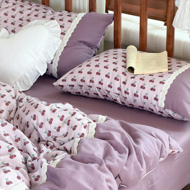 Wendbares Baumwoll-Bettwäscheset mit floralem Aquarellprint und Spitzenrand
