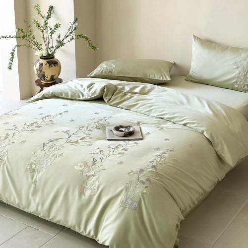 Seiden-Effekt Botanisch Besticktes Bettbezug-Set mit Micro-Satin Rückseite