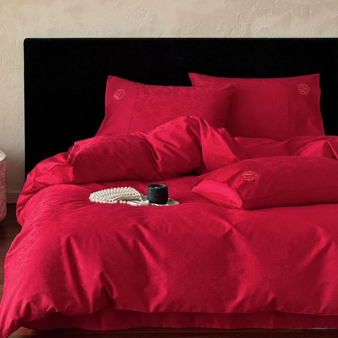 Luxuriöses Baumwollsatin-Bettwäsche-Set mit floraler Jacquardstruktur und feiner Zierstickerei
