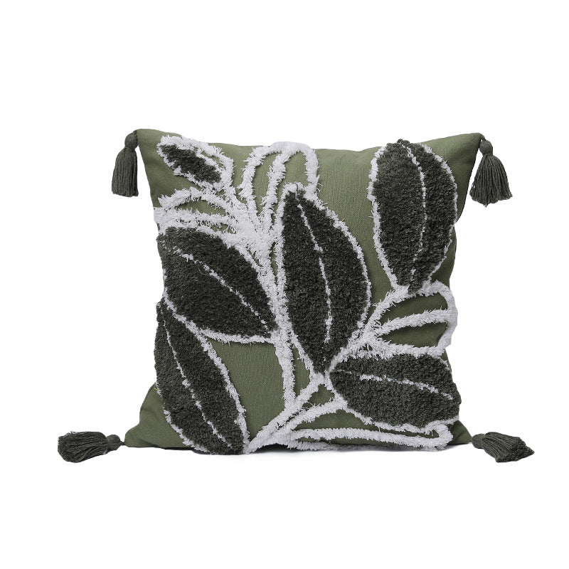 Quadratischer Kissenbezug mit reliefiertem Blatt‑Tufting und Chenille‑Applikation Karnz