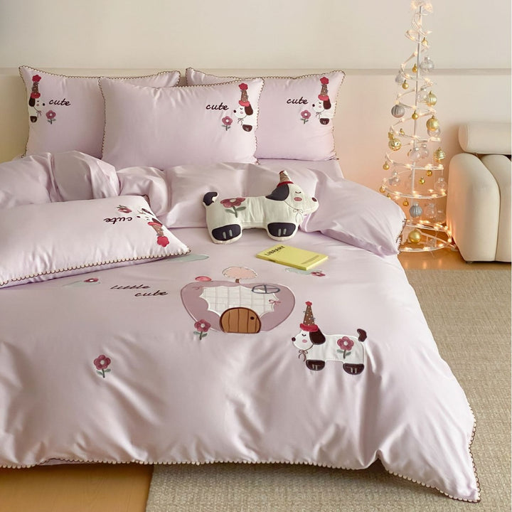 Bestickte Plüsch-Applikation Baumwollsatin Bettbezug Set mit dekorativem Katzekissen