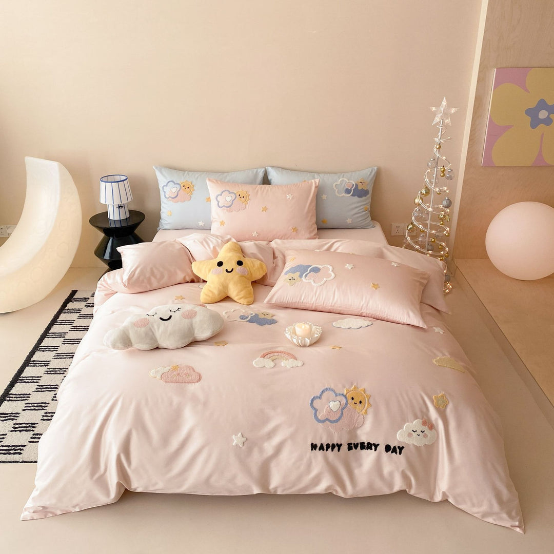 Kinder Cloud Bestickte Bettbezug-Bettwäsche Set mit Plüsch Stern Kissen und Satin-Feeling Mikrofaser