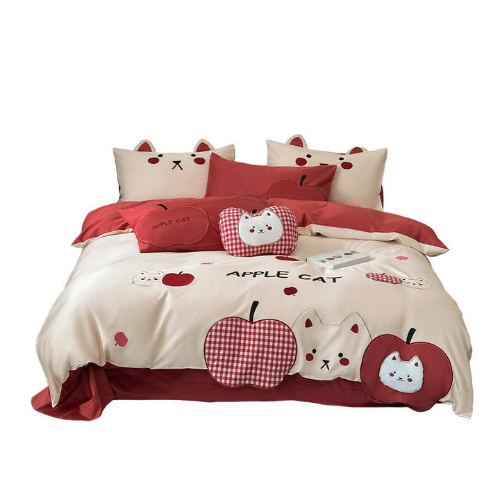 Süßes Apfel-Katze Applikation Baumwolle Bettbezug-Set